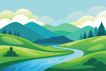 A tranquil landscape featuring rolling green hills and a winding river under a bright sky, A serene landscape with rolling hills and a calm river, minimalist simple modern vector logo design