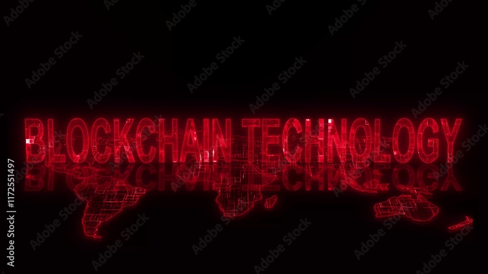 Aufkleber 3d blockchain technology text technology earth map glowing red