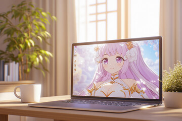 Fototapeta premium A clean, minimalistic image of a home office desk featuring a laptop with a video call interface on the screen, a coffee mug, and a potted plant. The background is softly blurred, showing a cozy livin