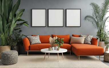 Modern orange sectional sofa in living room with plants & blank frames.