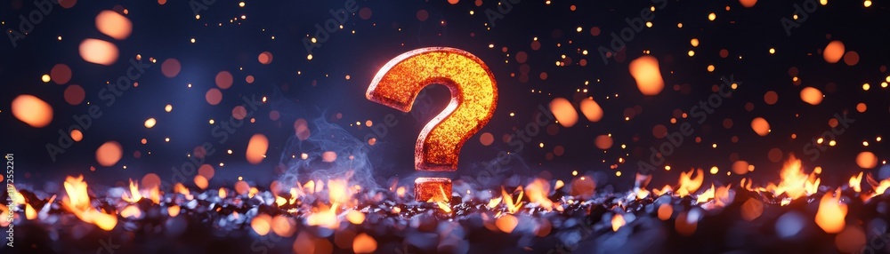 Poster a glowing question mark stands amidst sparkling embers, creating a mysterious and captivating atmosp