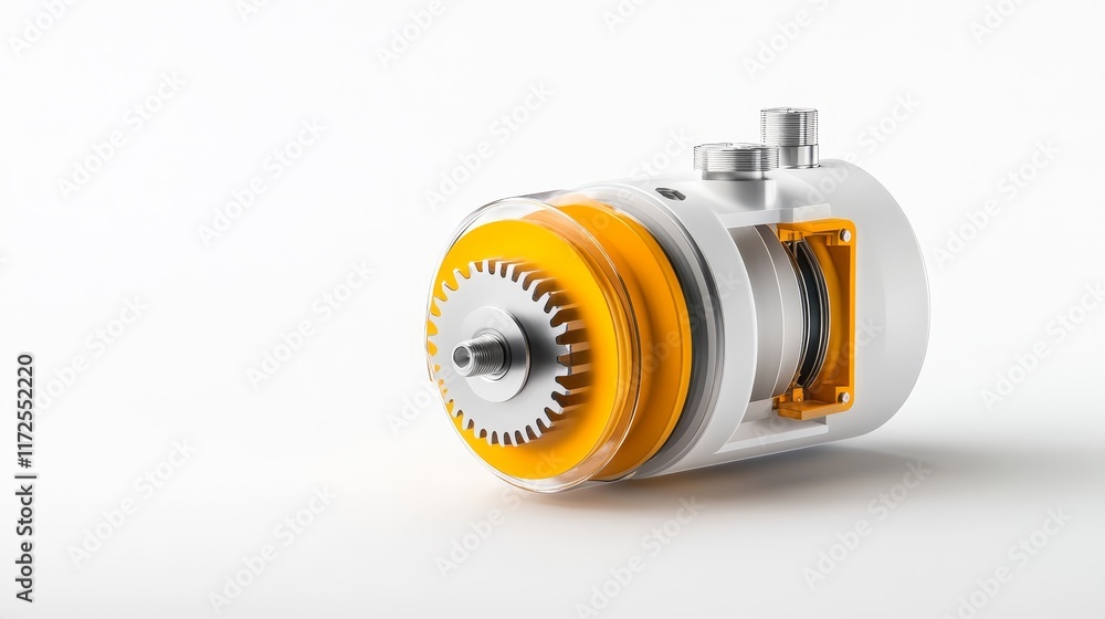 Poster high-quality close-up of a modern gearbox component with orange accents showing mechanical details a