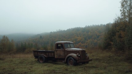 Rusty vintage truck in foggy autumn field, hills background.