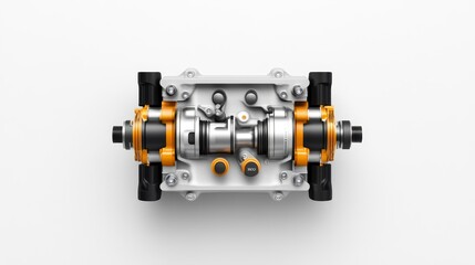 Mechanically Advanced Custom Engine Part with Orange Accents and Precision Engineering for High-Performance Vehicles in a Bright Studio Setting
