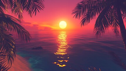Tropical Sunset Serenity A Peaceful Ocean View with Palm Trees and Vibrant Sky