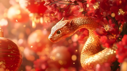 Obraz premium Zodiac animal theme Happy Chinese New Year 2025 banner with the Year of the Snake, vibrant red and gold, lanterns, and floral patterns