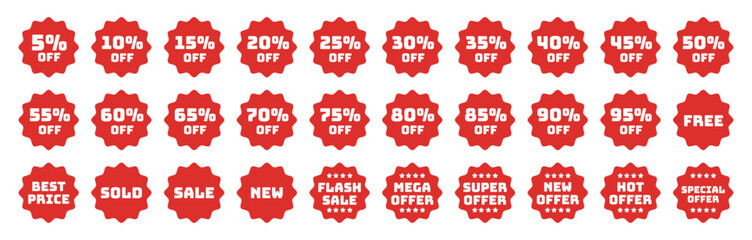 pop, cute, cartoon red flat discount label vector icon sheet