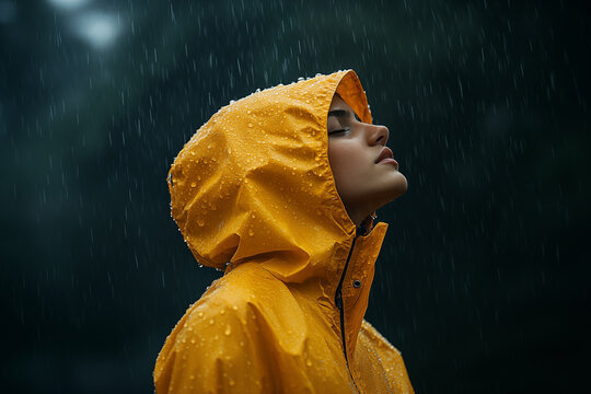 Raincoat profile against stormy weather, atmospheric outdoor portrait