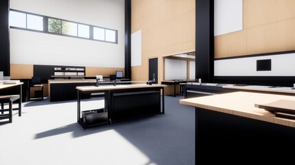 Modern office space with wooden accents and workstations.