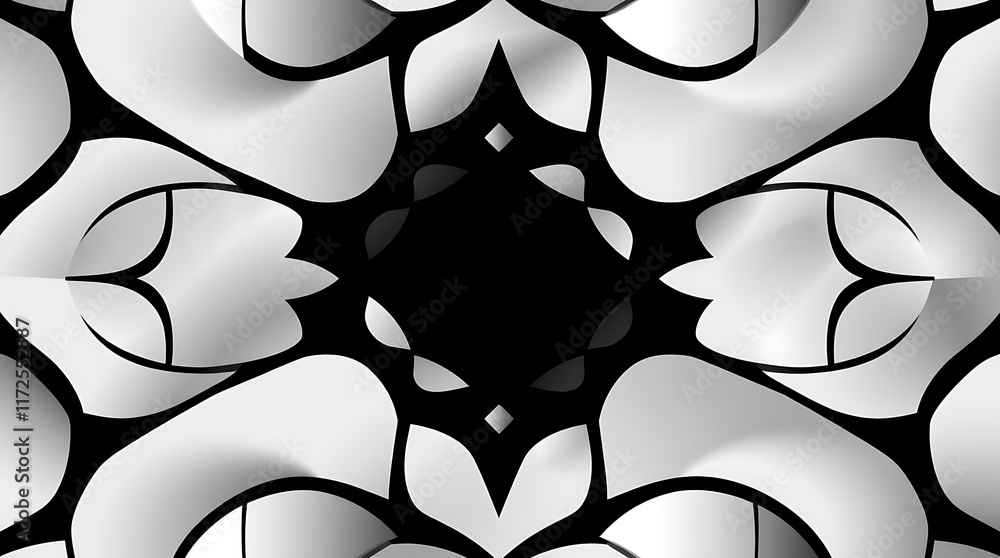 Poster monochromatic mandala: a mesmerizing grayscale kaleidoscope pattern with intricate details and a dar