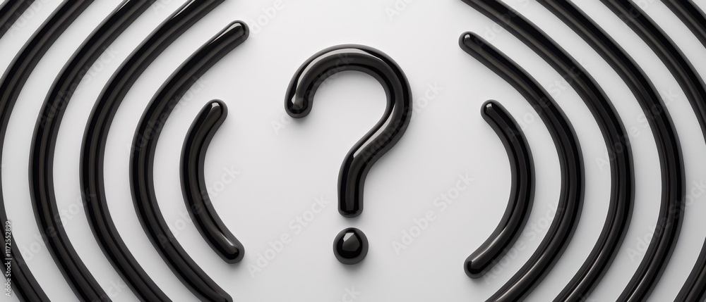 Poster a minimalistic design featuring a central question mark surrounded by concentric black lines, symbol