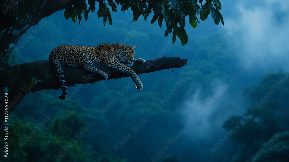 Poster resting leopard on a tree branch in a misty forest.