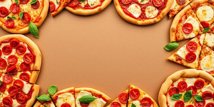 Assorted delicious pizzas border on a clean white wooden backdrop, frame, crust