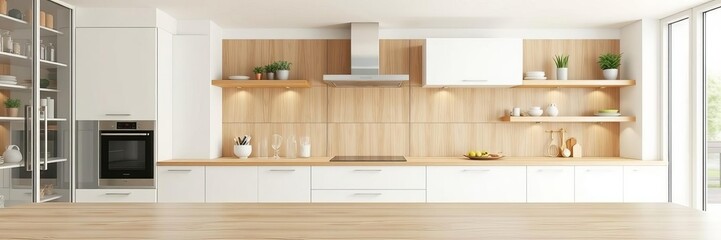Wooden light empty table top in modern white kitchen interior template showcase scene, wooden, modern