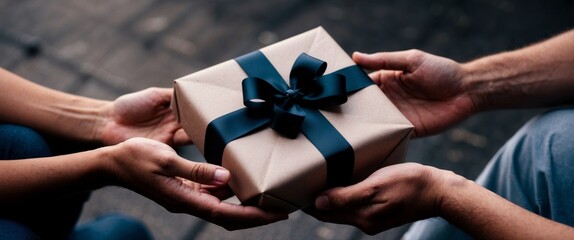 A close-up of hands giving a beautifully wrapped gift to another person. The scene conveys warmth, care, and symbolizes gratitude.