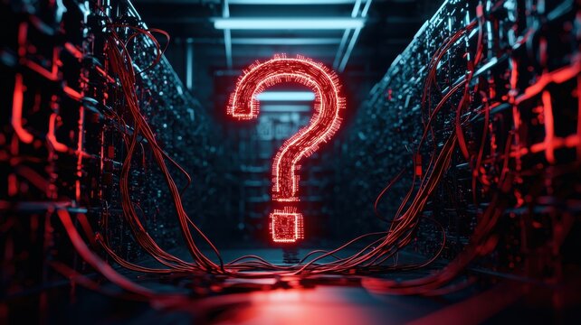 A glowing question mark amidst dark server racks suggests uncertainty in technology or data, emphasizing the quest for answers in a digital realm.