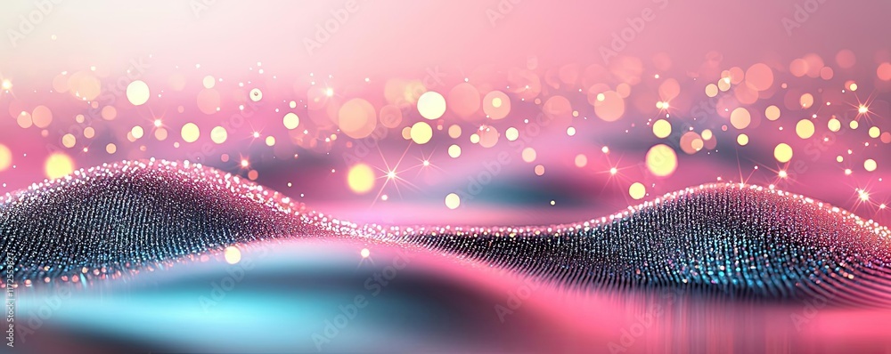 Poster Glitter abstract background concept. Beautiful abstract waves with soft lights in pink and blue tones, creating a dreamy effect.