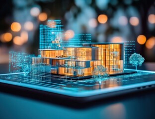 Digital Architectural Design Visualization on Tablet: Modern House 3D Model with Illuminated Interiors and  Surrounding Landscape on a Digital Screen