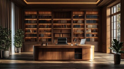 Luxurious Wooden Library Office Interior Design
