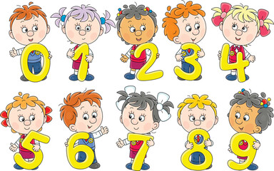 Happy little schoolboys and schoolgirls friendly smiling and holding big yellow numbers, vector cartoon illustration