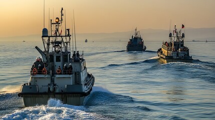 Rescue Boats Illuminated by Searchlights, Navigating Vast Open Waters Under a Clear Sky. Urgent and Determined Maritime Search Operation.