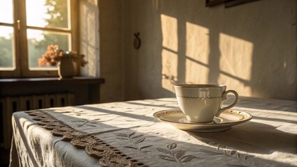 Serene Morning with Porcelain Cup and Sunlit Nature View V6
