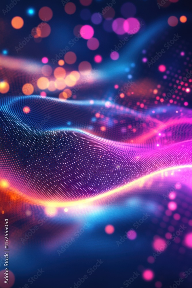 Poster abstract colorful particle wave background digital art neon lights glowing dots