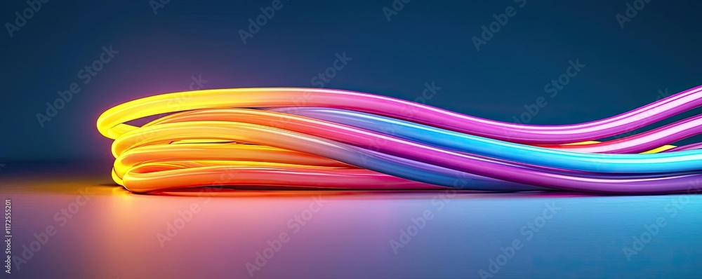 Poster neon abstract background idea. colorful neon wires gently twist and flow on a dark background, showc