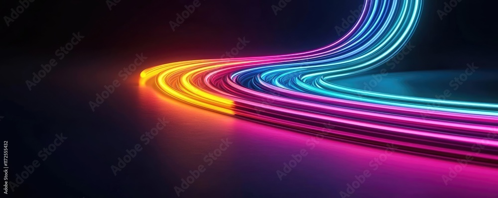 Poster Neon abstract background idea. Vibrant neon light trails in dark background creating an artistic abstract design.