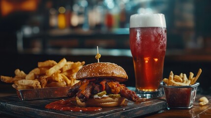 A delicious burger meal with fries and a cold drink.