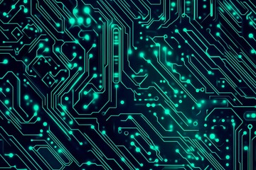 Abstract close-up of a glowing blue digital circuit board, showcasing intricate connections and technological design on a black background.
