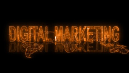 3d digital marketing text technology orange glowing