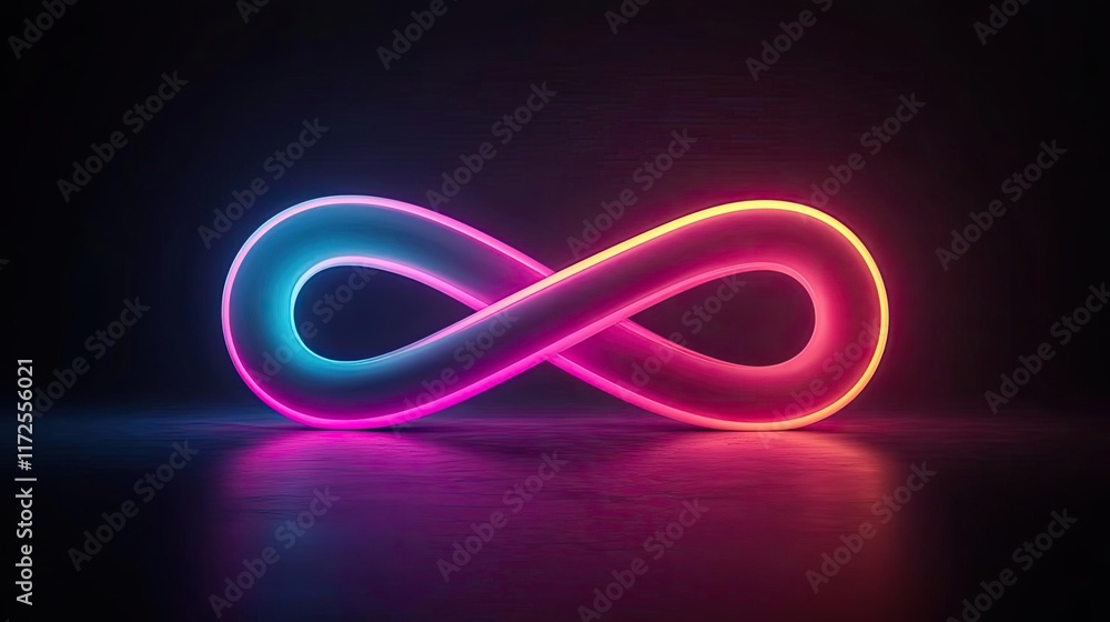 Poster neon abstract background idea. a vibrant neon infinity symbol glowing against a dark background, sym