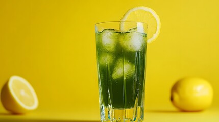 Refreshing matcha water, served in a tall glass with ice, garnished with a thin slice of lemon, pure and natural