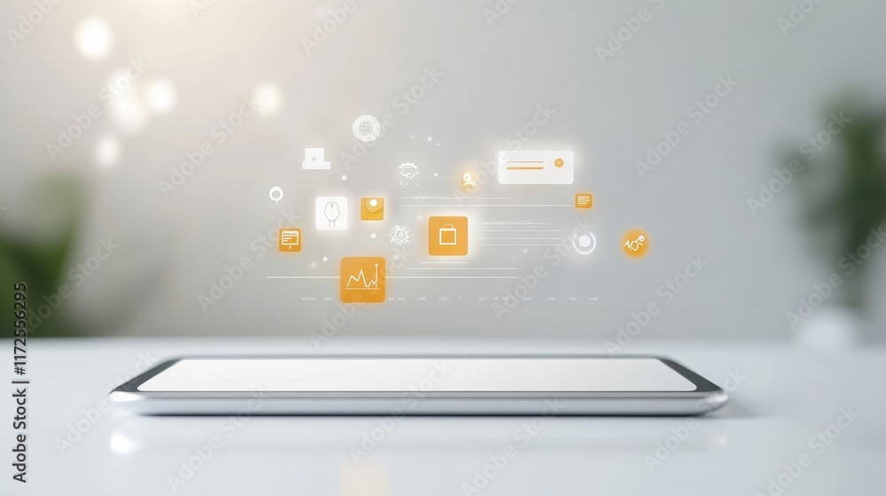 Aufkleber modern smartphone on table with futuristic overlay of digital icons and graphics representing techno
