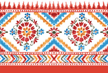 
abstract seamless hand drawn ethnic border design in ikat print. traditional mughal border.azetec pattern border design. Geometric Vector Textile Border Design.
