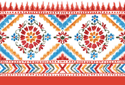 
abstract seamless hand drawn ethnic border design in ikat print. traditional mughal border.azetec pattern border design. Geometric Vector Textile Border Design.
