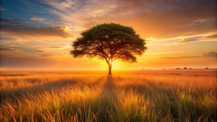 Fototapeta premium A lone tree stands in a sea of tall grass, with the sun setting behind it