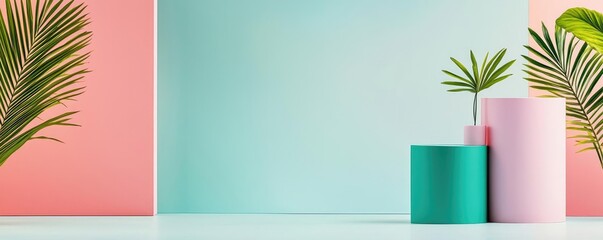 Pastel abstract background idea. Stylish home decor with pastel colors and tropical plants for a refreshing vibe.