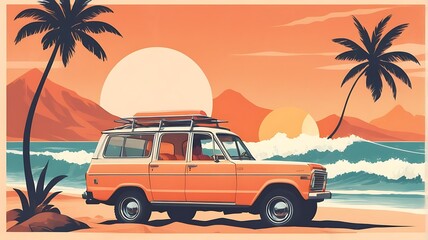 "surfer van sunset beach vector illustration"