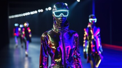 Futuristic Fashion Show: Models in Neon Clothing and LED Goggles  Showcase Cutting-Edge Designs