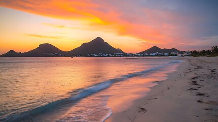Golden Hour Serenity Coastal Landscape at Sunset with Mountains in the Distance