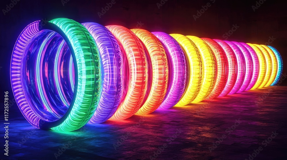 Poster neon abstract background idea. vibrant neon rings glowing in a mesmerizing arrangement of colors and