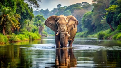 Fototapeta premium A majestic elephant wades into a calm river