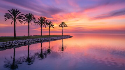 Tranquil Coastal Sunset Palm Trees Reflected in Calm Water, Bathed in Soft Light