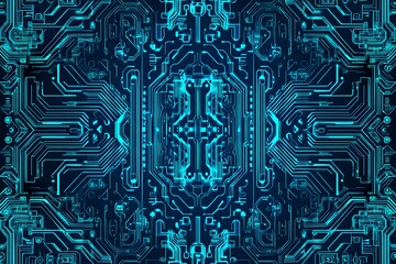Abstract close-up of a glowing blue digital circuit board, showcasing intricate connections and technological design on a black background.
