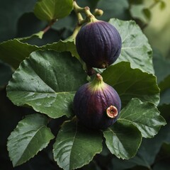 Anjeer leaves with a fresh fig nestled on top, set against a green background.