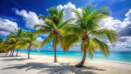 Fototapeta premium Palm trees swaying gently in the tropical breeze on a serene white sandy beach at Paradise Island , island