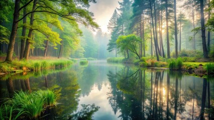 Obraz premium Forest Pond Foggy Morning, woodland scenery, tranquil environment
