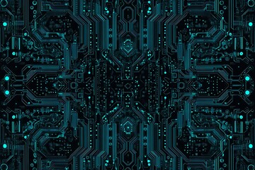 Abstract close-up of a glowing blue digital circuit board, showcasing intricate connections and technological design on a black background.
